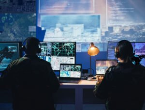 Two people sitting at lops of computers screens both with headsets on